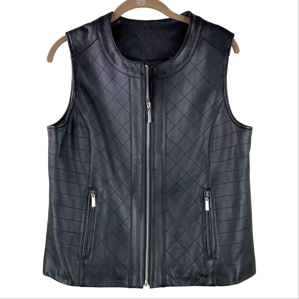 Genuine Lamb Leather Vest Size S Quilted Zip Front Black